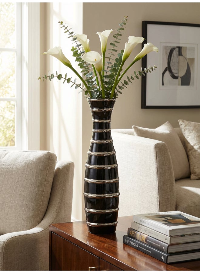 ايست من نون Ceramic Vase for Floral Decorative arrangement, Ht-40 cm | Black Silver Color | Ribbed Rays Design | Size -9.5x9.5x40.2 cm | Perfect for decorativing your living room, Ideal for decorating coffee table, dinning table, console table or any office or living space - Image 2